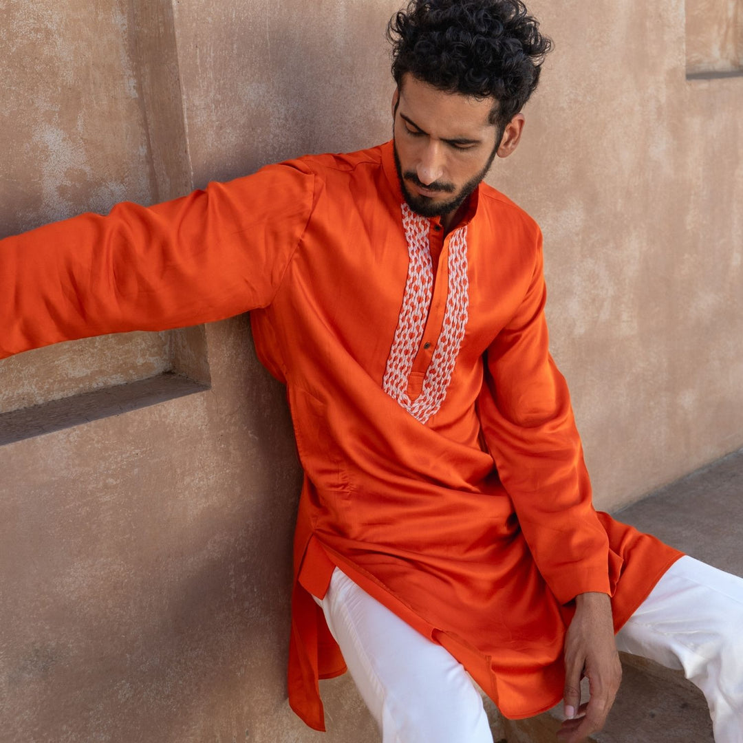 Men's Orange Braid Kurta Set | Traditional Occasion Wear | Set Of 2