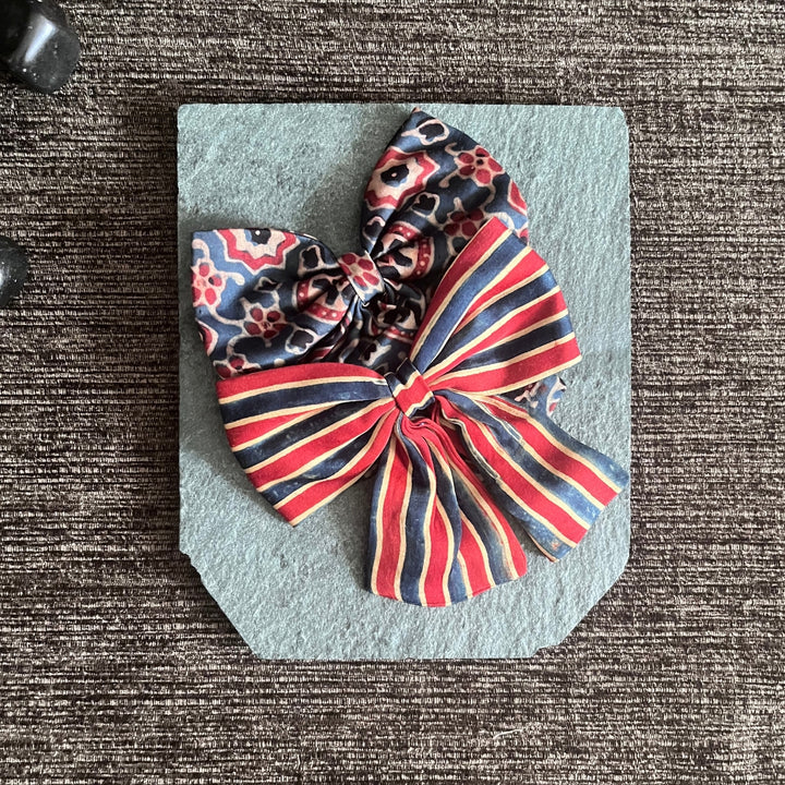 Knotted Bow Hair Clips | Comfortable | Ajrakh Block Print | Floral & Stripe | Set Of 2