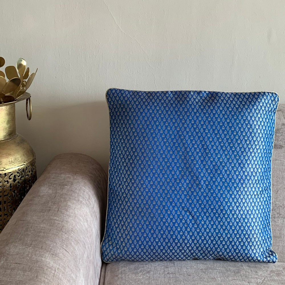 Vibrant Cobalt Blue Cushion Cover | Banarasi Silk | 16" x 16"