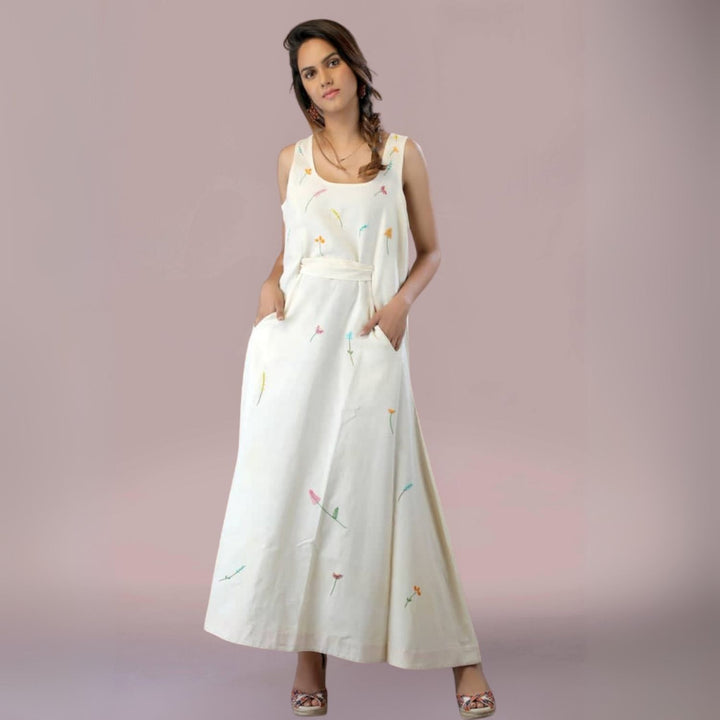 B'Creamy Affair A-Line Cotton Dress | Floral Embroidery | Incut Pocket | Off-White