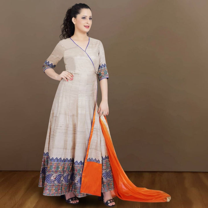 Eyana Tussar Silk Angarakha Set | Madhubani Hand-Painted | Occasion Wear | Beige