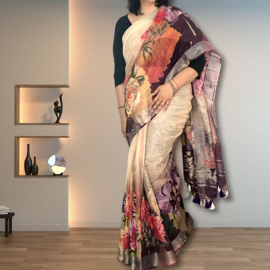 Ivory & Violet Floral Linen Saree | Refreshing and Vibrant | Striking Stylish