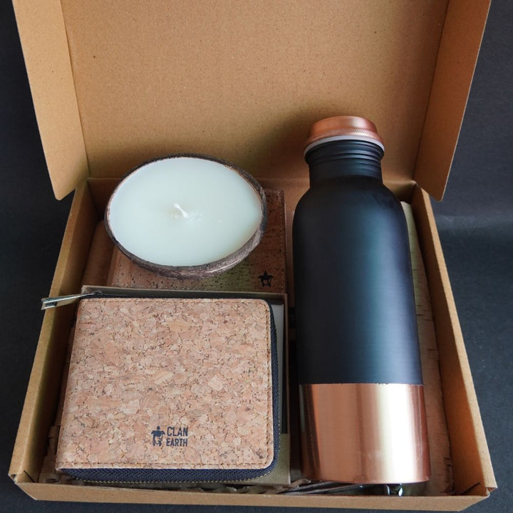 Gift Set of Wallet, Copper Bottle & Coconut Candle | Gifts for Him | Set of 3 Items