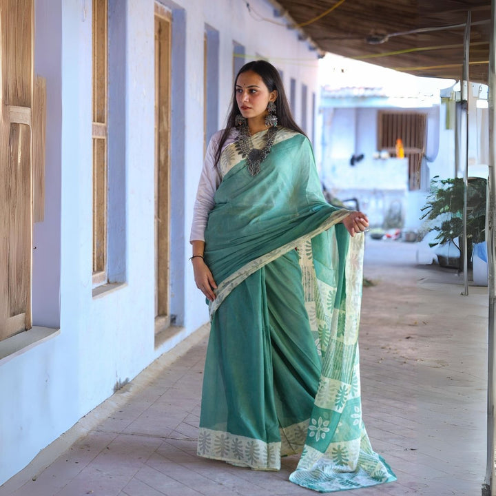 Sea Green Muslin Saree For Women | Artistic Batik Printed | Office Wear 