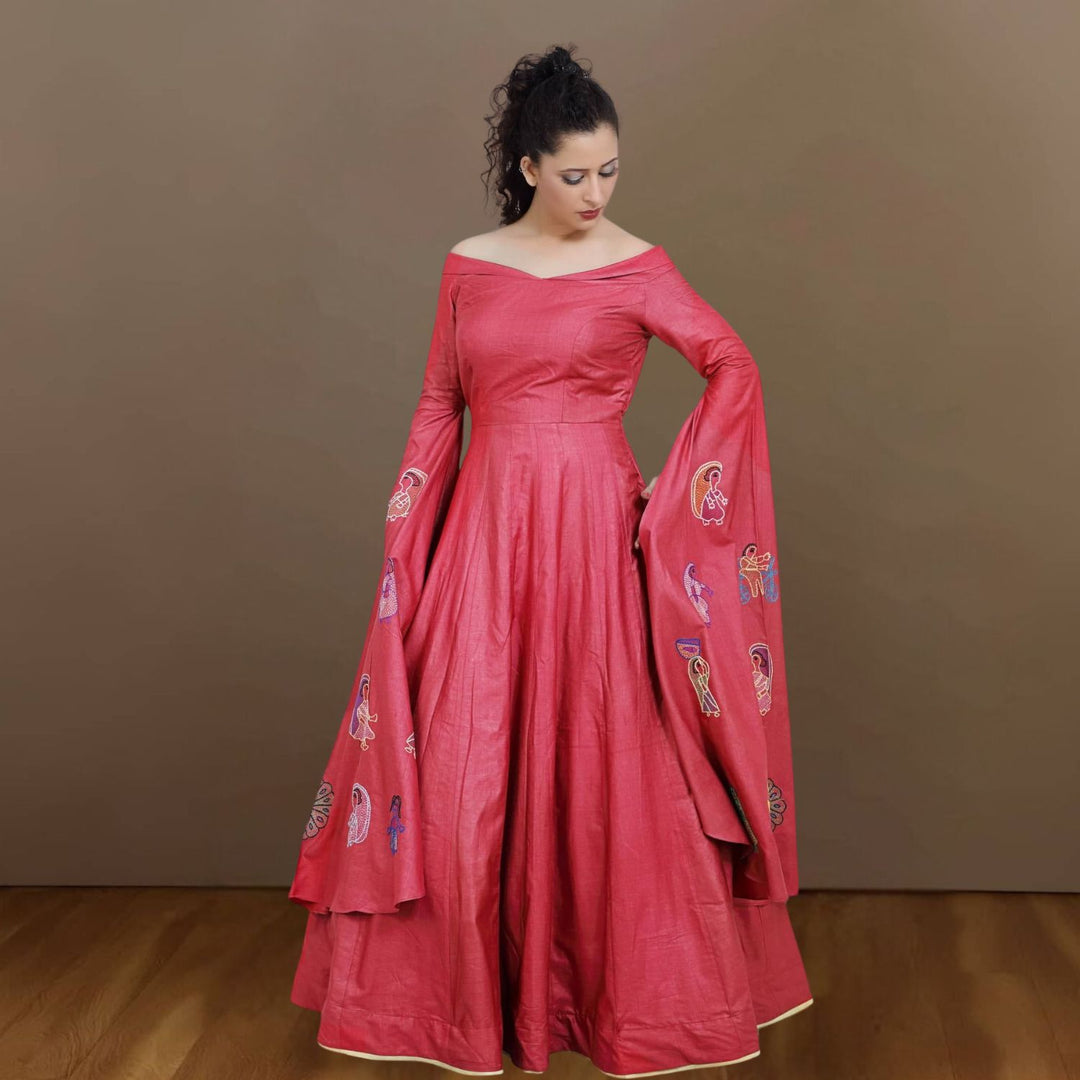 Trishika Tussar Silk Gown | Sujani-Embroidered | Smart Classy Look | Garnet Maroon