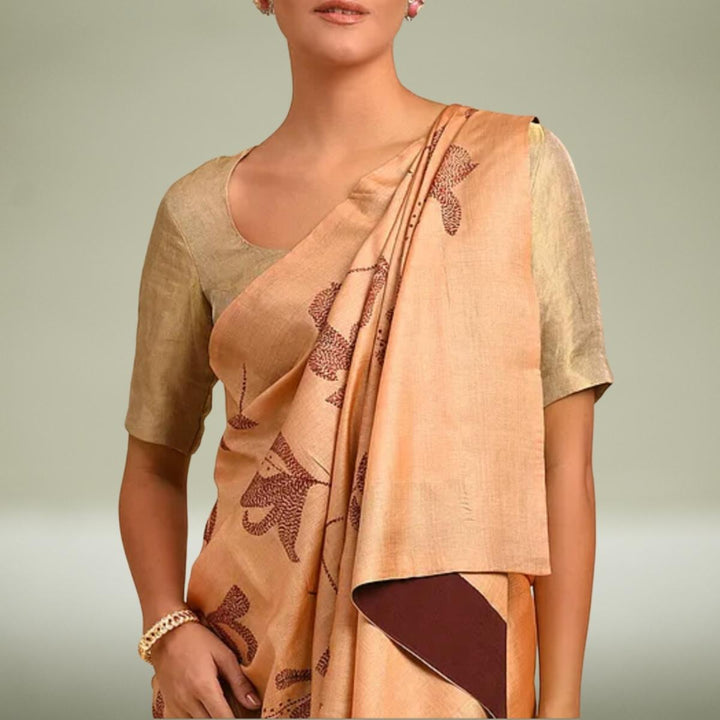 Copper Tussar Silk Saree | Sujani Embroidered | Classy & Festive Wear | Monochrome Look