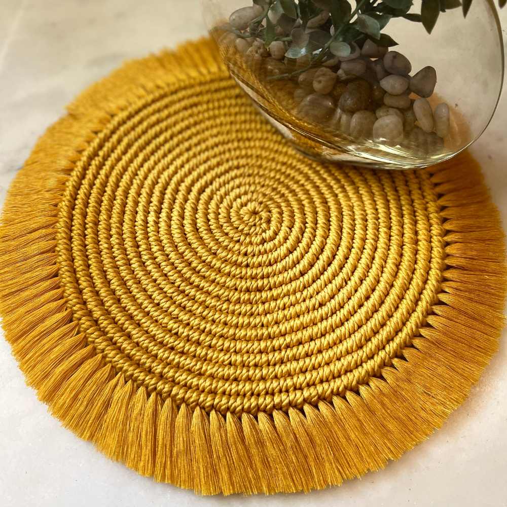 Set of Bohemian Style Hand-Crafted Round Table Mat, Napkin Ring & Coaster | Macrame | Set of 3