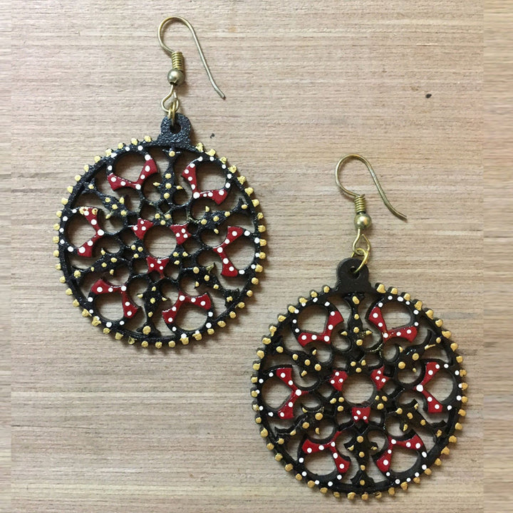 Black Round Drop Earrings | Painted Tikuli Art | Artistic | Ethnic Jewelry