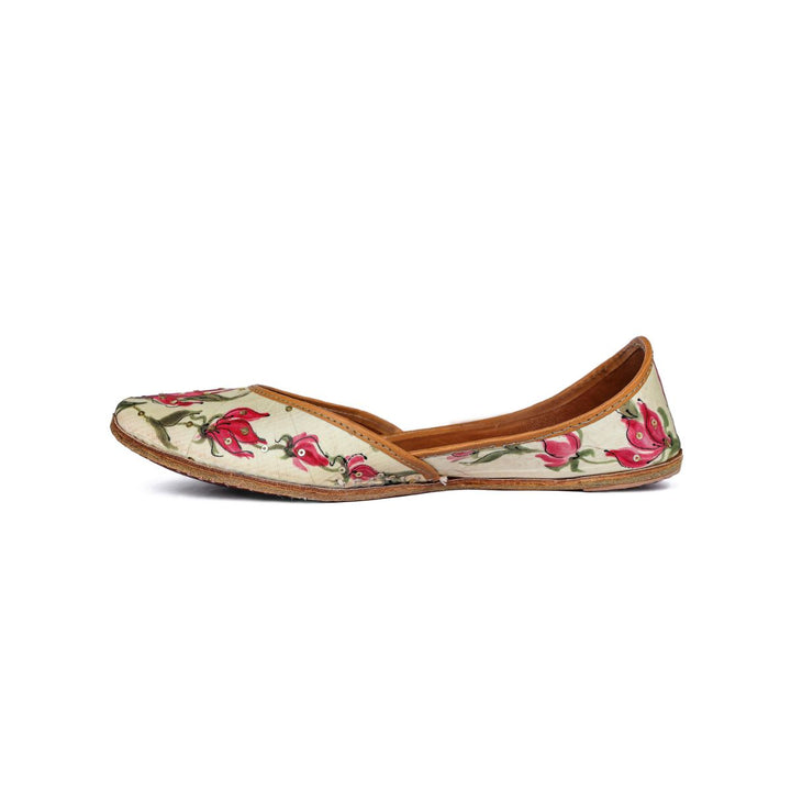 Hand Painted Pink Tulip Pure Silk Women Juttis | Hand-Crafted | Offwhite & Pink