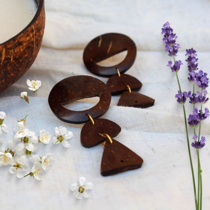 Coconut Shell Dangler & Golden Leaves Brass Metal Earrings | Combo Set Of 2