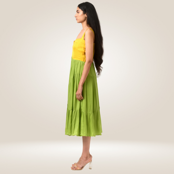 Yellow-Green Asymmetrical Gather Colour Block Dress | Crafted in Modal