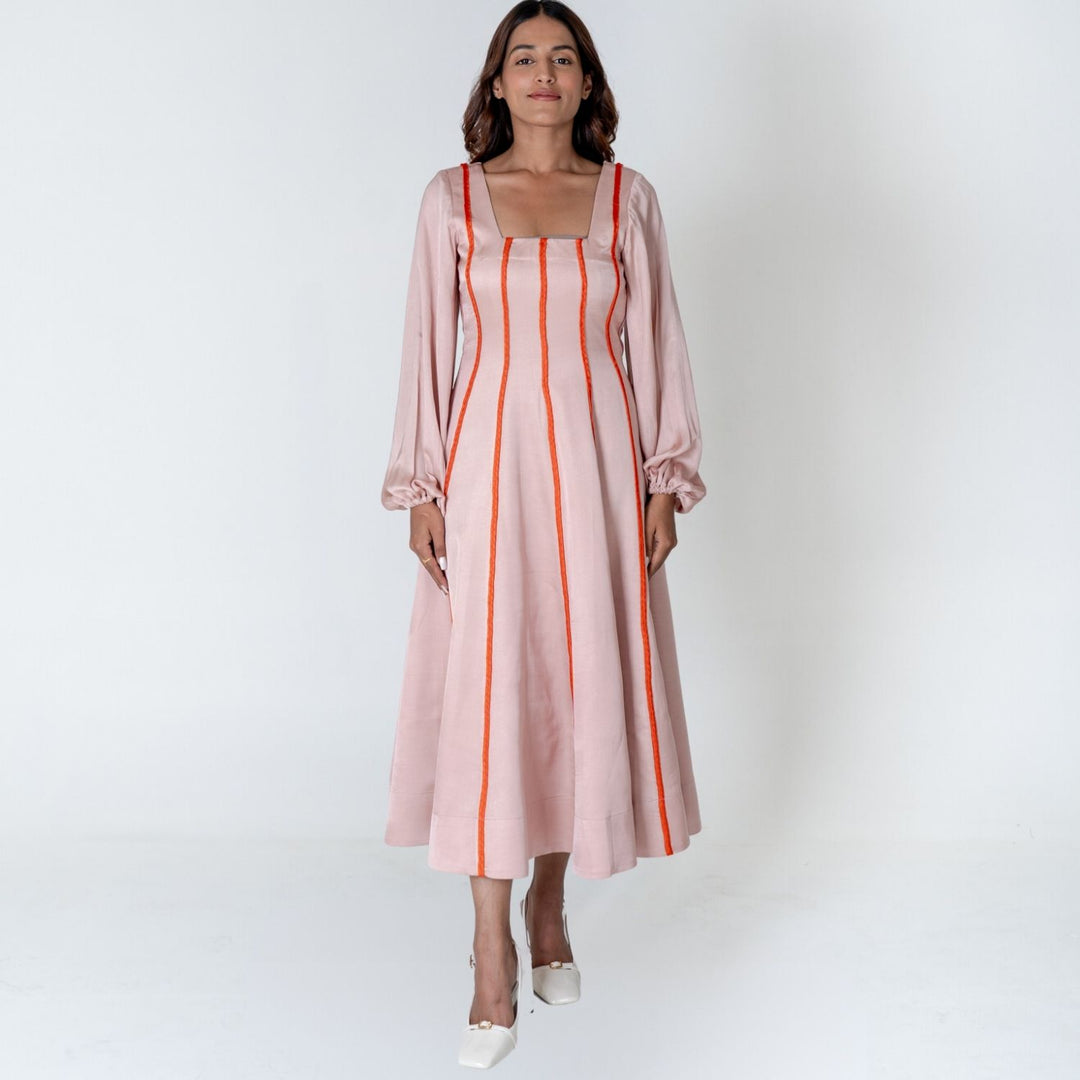 Pink Maxi Dress | Orange Braid Embellished | Modal Silk | Statement Style