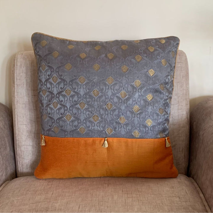 Grey & Orange Banarasi Cushion Cover | For Aesthetic Look | 16" x 16"