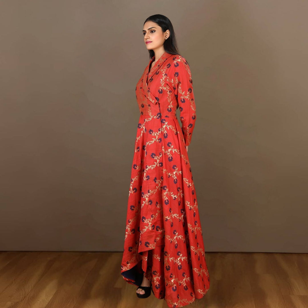 Elaya Shawl Collar Angarakha Gown | Festive Occasion | Hand-Crafted | Rust