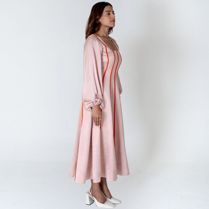 Pink Maxi Dress | Orange Braid Embellished | Modal Silk | Statement Style