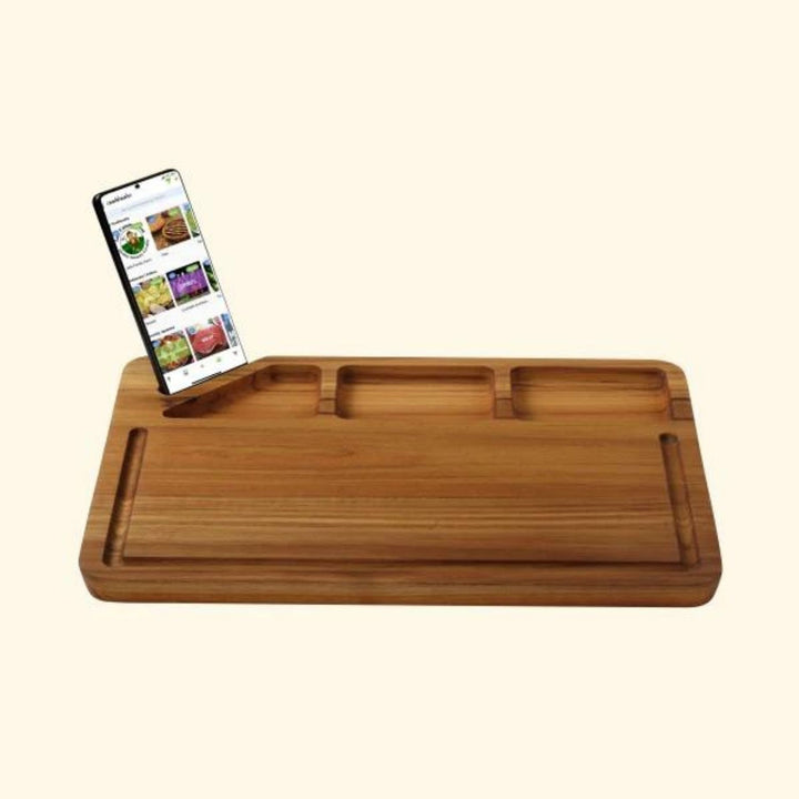 Hand-Crafted Chopping Board with Mobile/Tablet Holder | Teak Wood | 16 Inch