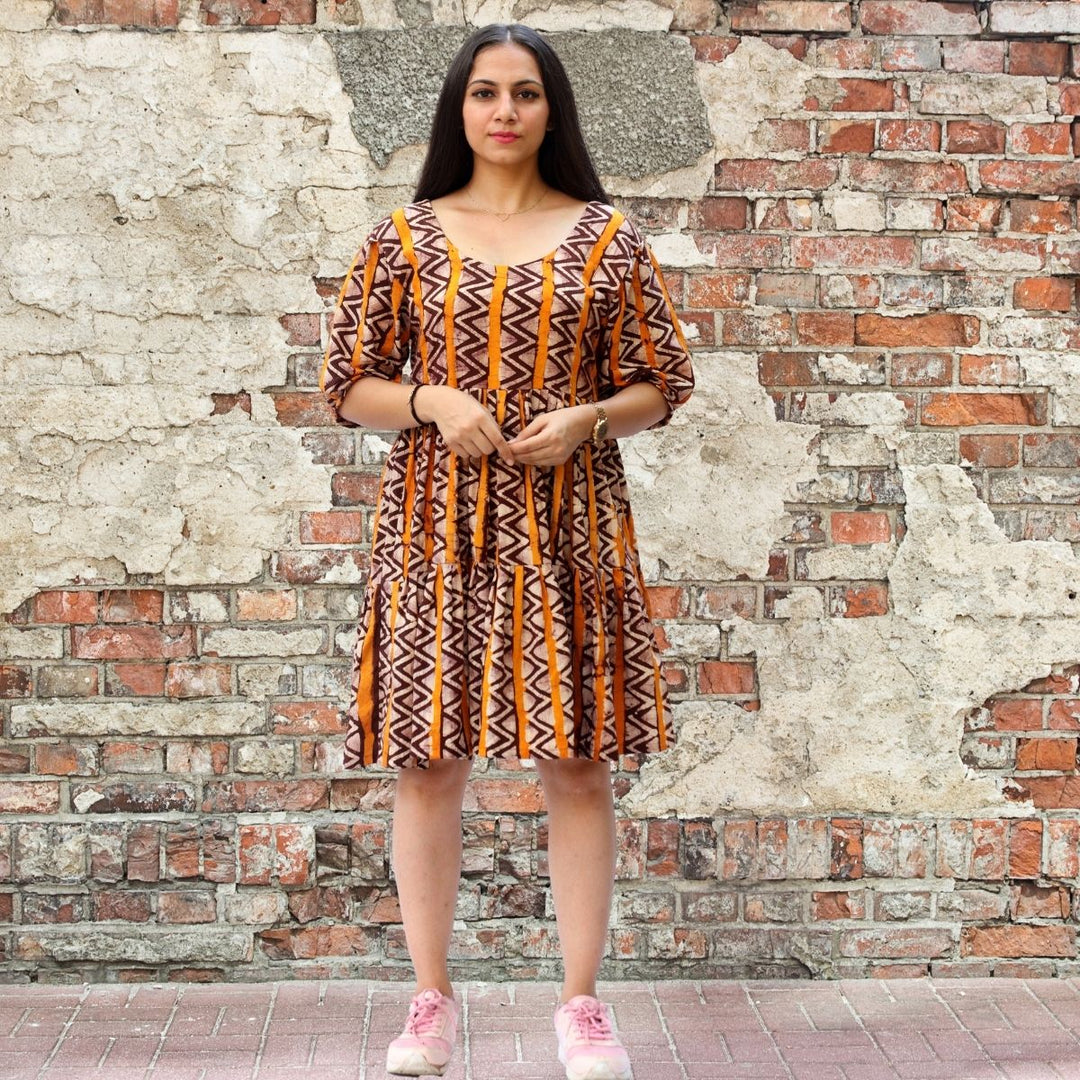 Tier Dress | Comfortable Day Wear | Golden Yellow And Brown | Batik Printed