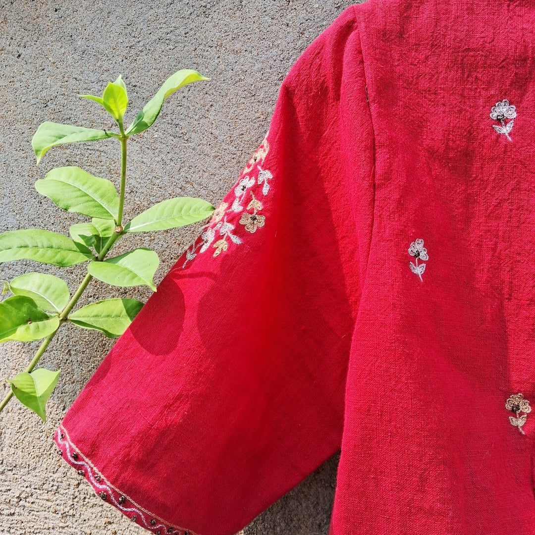 Roma Hand Embroidered Saree Blouse | Cotton Muslin | Red