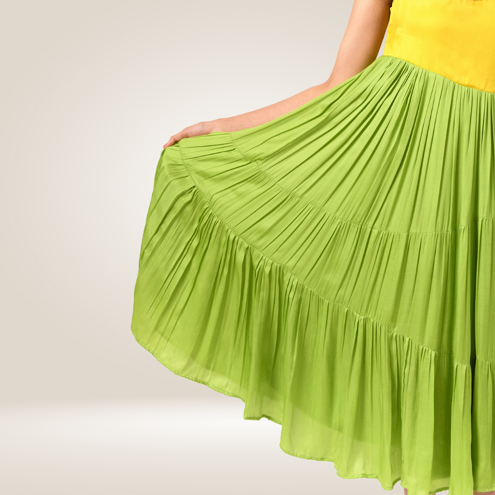 Yellow-Green Asymmetrical Gather Colour Block Dress | Crafted in Modal