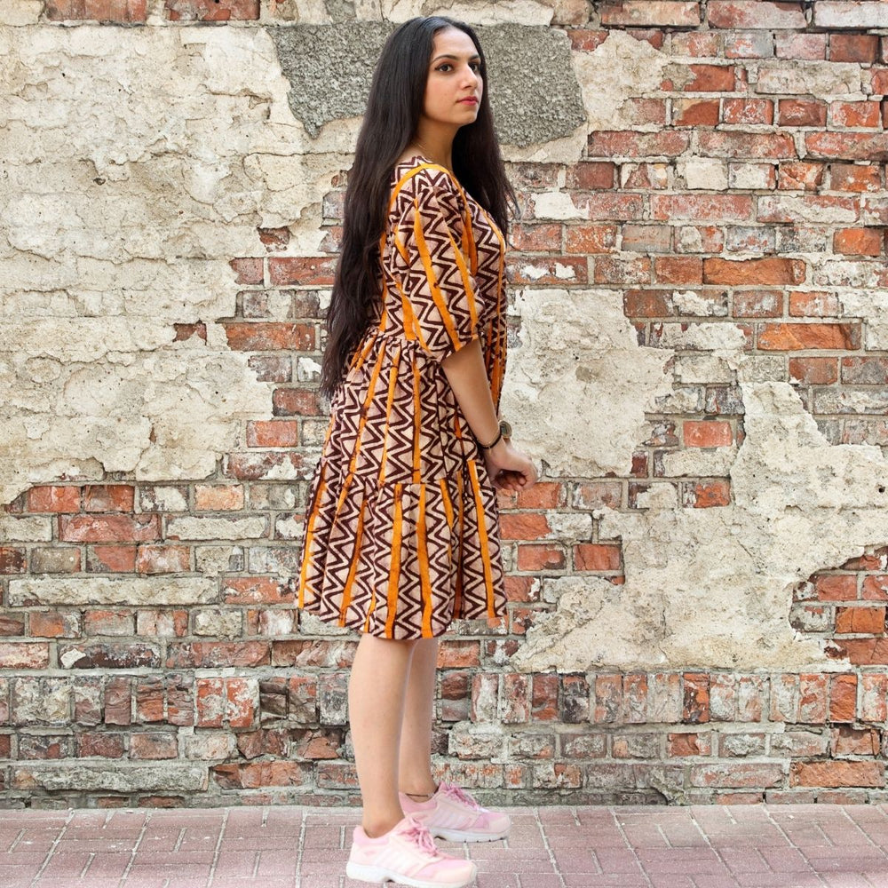 Tier Dress | Comfortable Day Wear | Golden Yellow And Brown | Batik Printed