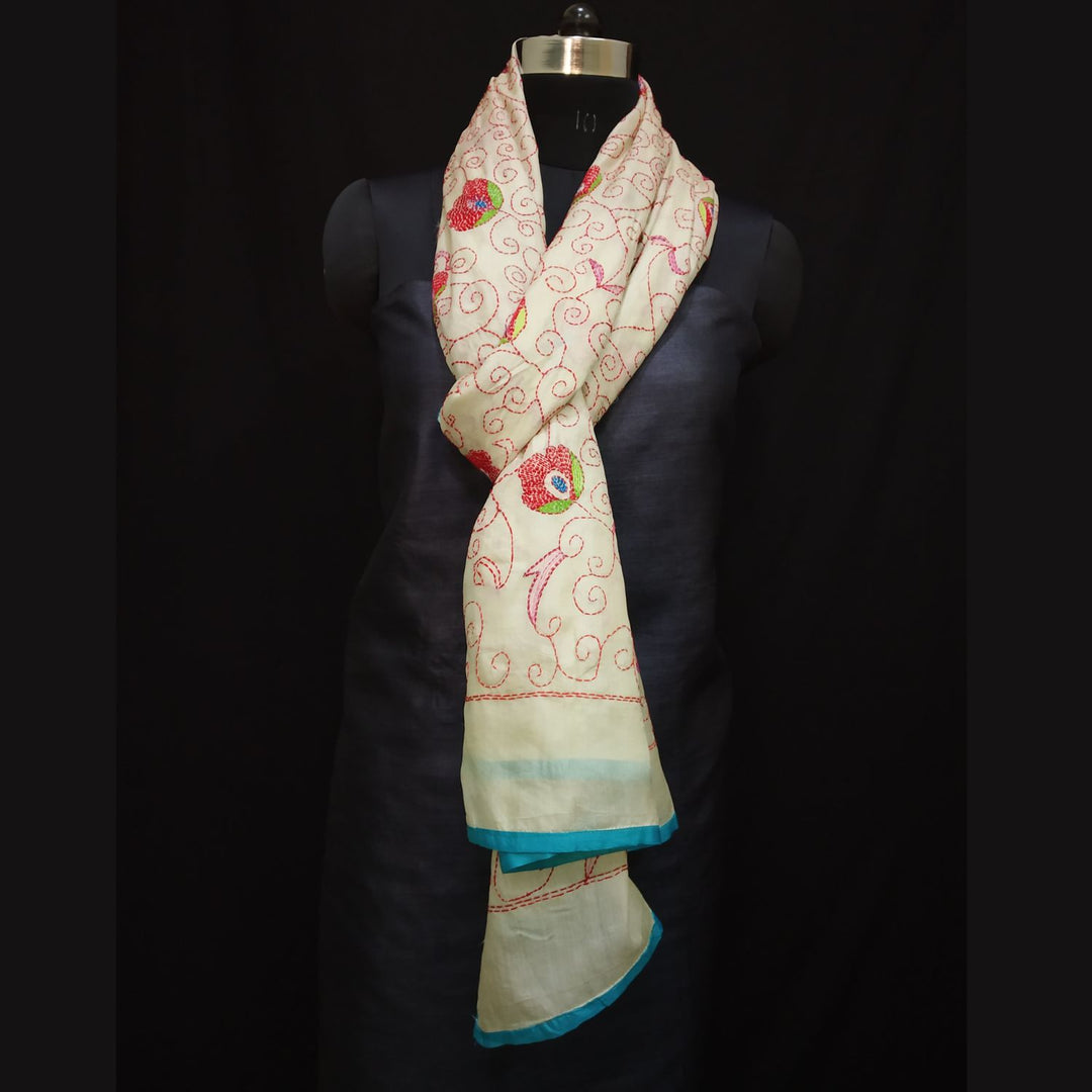 Aarani Sujani Kantha Tussar Dupatta | Fully Embroidered Dupatta | Artistic | Ivory