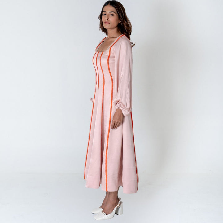 Pink Maxi Dress | Orange Braid Embellished | Modal Silk | Statement Style