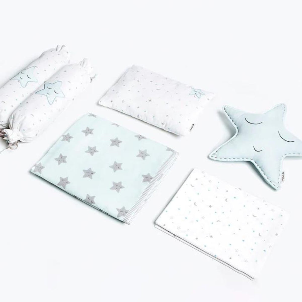 Star Light Blue Cot Bedding Set For Babies | Nursery Essential | Organic Cotton | Set Of 6