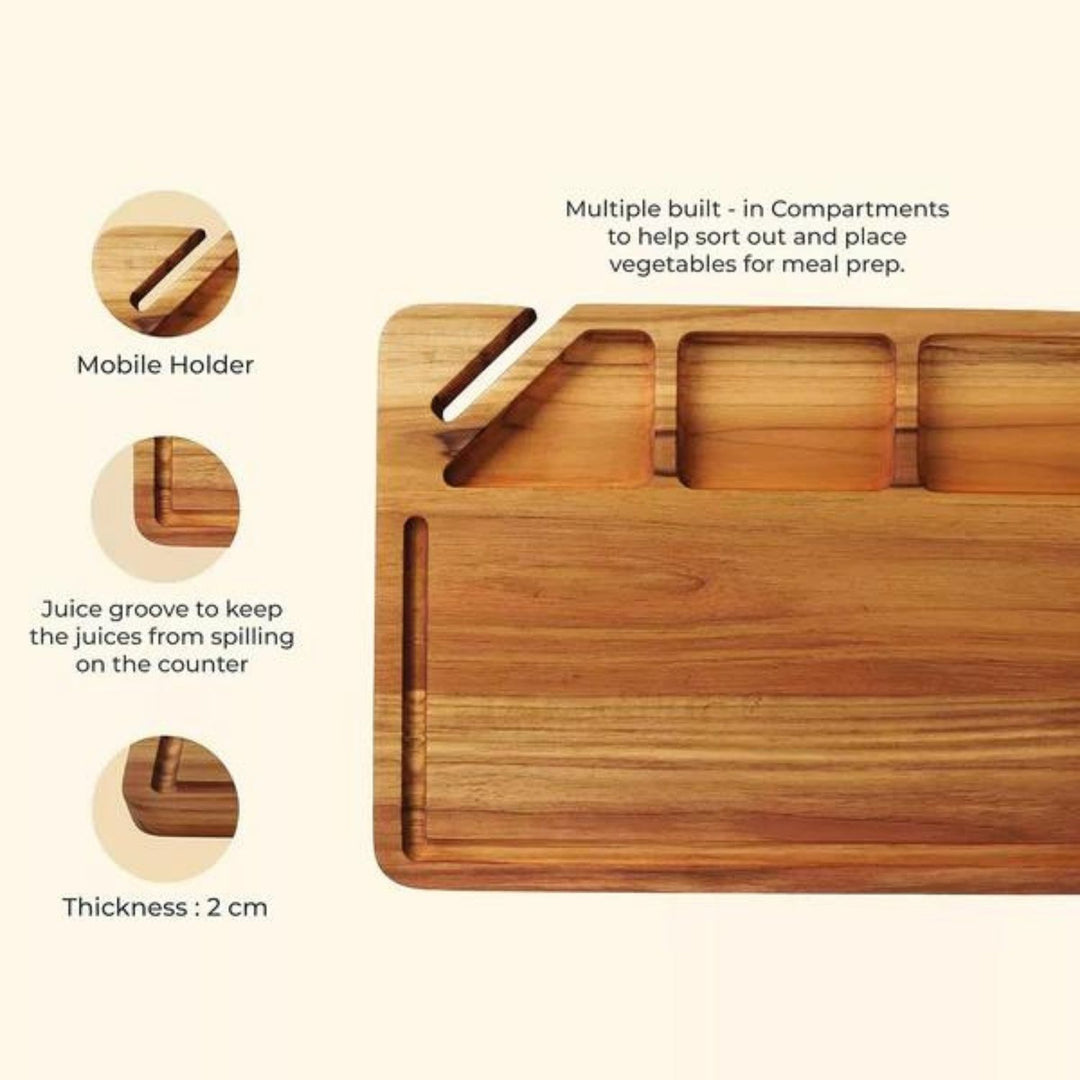 Hand-Crafted Chopping Board with Mobile/Tablet Holder | Teak Wood | 16 Inch