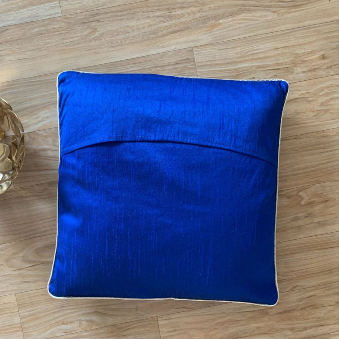 Half N Half Tassel Banarasi Cushion Cover | Cobalt Blue | 16" x 16"