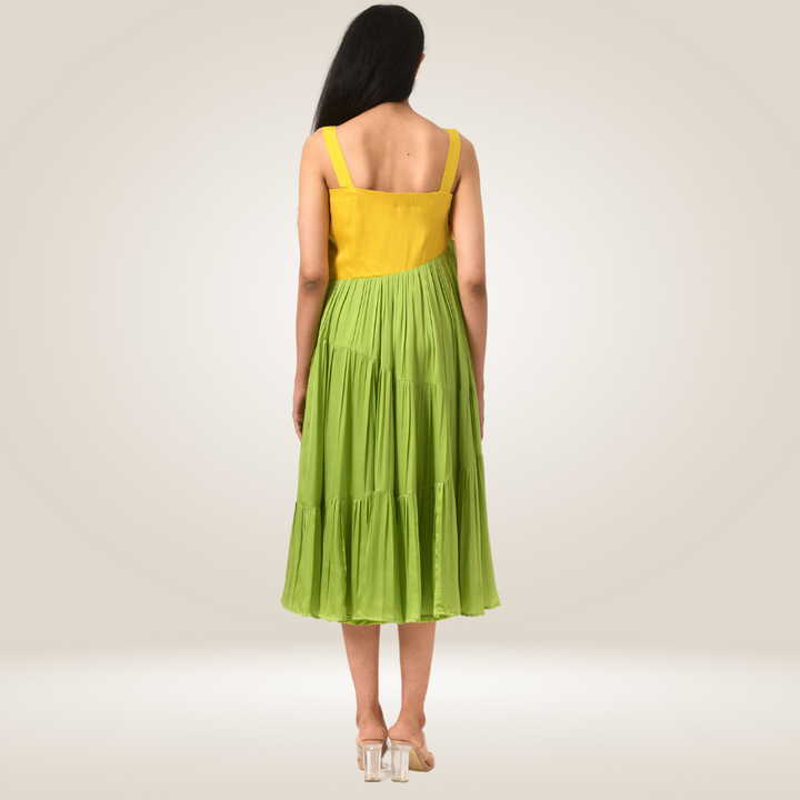 Yellow-Green Asymmetrical Gather Colour Block Dress | Crafted in Modal