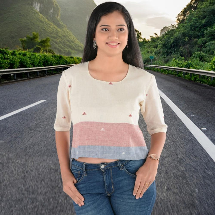 Off-White Bhujodi Weave Top | Kala Cotton | Tri-Coloured | Chic Comfort