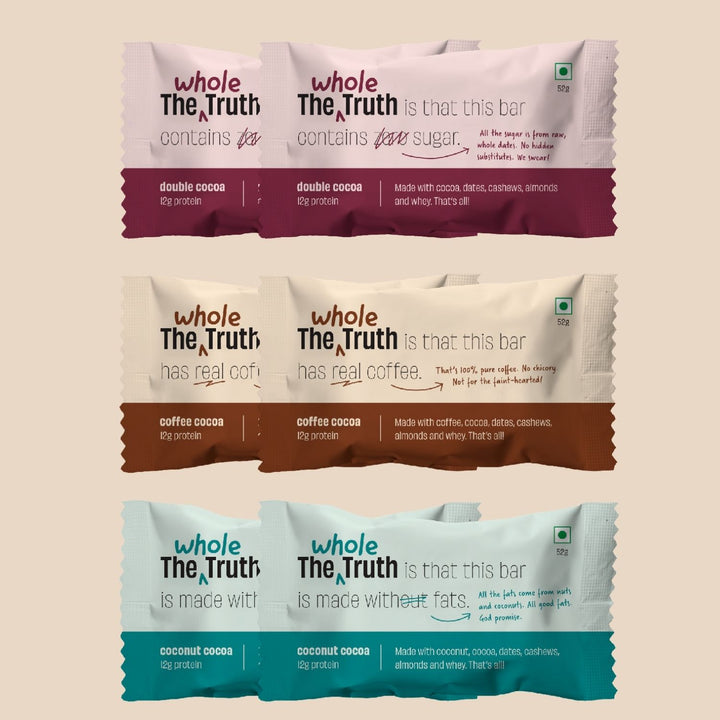 Protein Bars | Choco Variety (2 Double Cocoa Bars, 2 Coconut Cocoa Bars, 2 Peanut Cocoa Bars) - Pack of 6 x 52g | No Added Sugar | No Preservatives | No Artificial Sweeteners | Healthy Snack