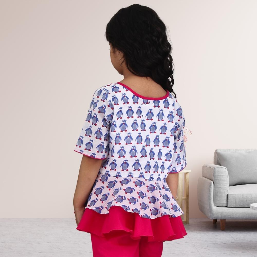 Penguin Peplum Top | Occasion Wear | Cotton | White And Pink