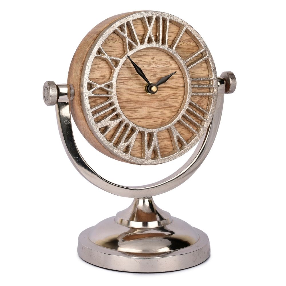 Table Top Table Clock | Antique Style Table Accent | Hand-Crafted | Natural Wood With Nickel Finish | 9.4 Inch