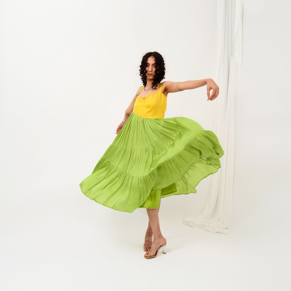 Yellow-Green Asymmetrical Gather Colour Block Dress | Crafted in Modal