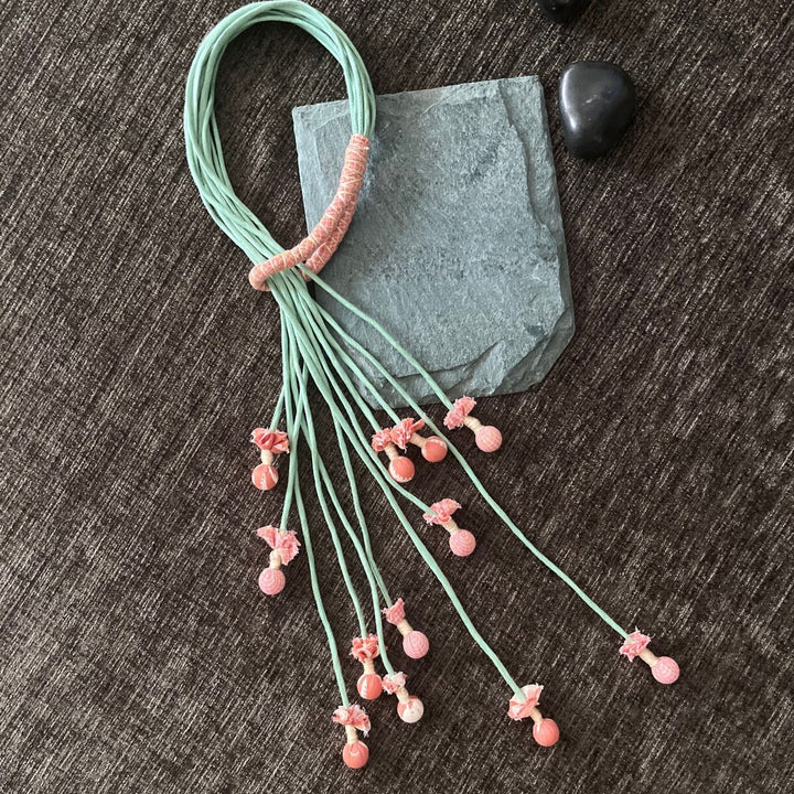 Boho Potli Women Necklace | Fabric Jewelry | Hand Crafted | Adjustable | Mint Green & Peach