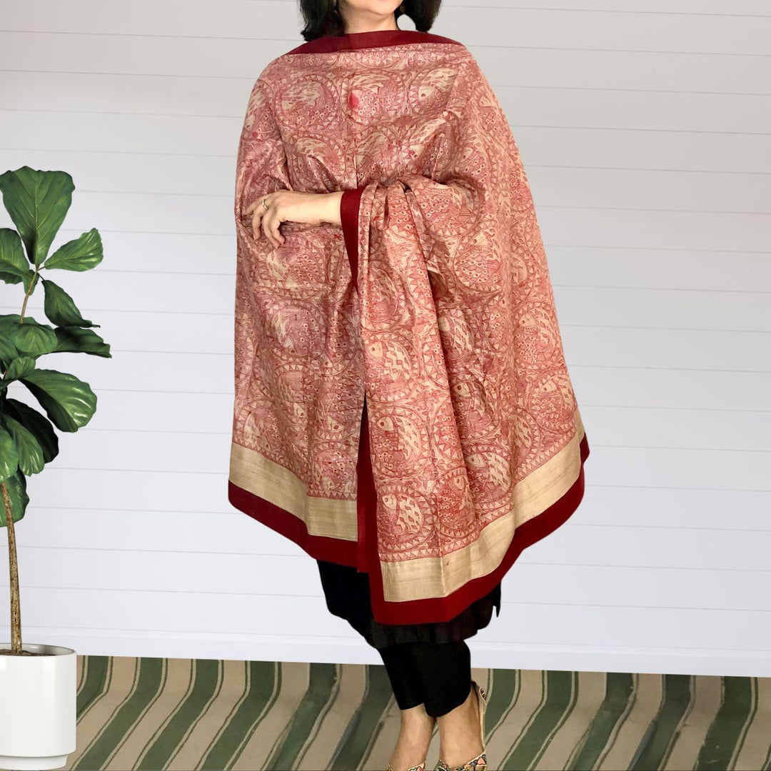 Aaoka Madhubani Painted Tussar Dupatta | Graceful | Artistic | Red & Beige