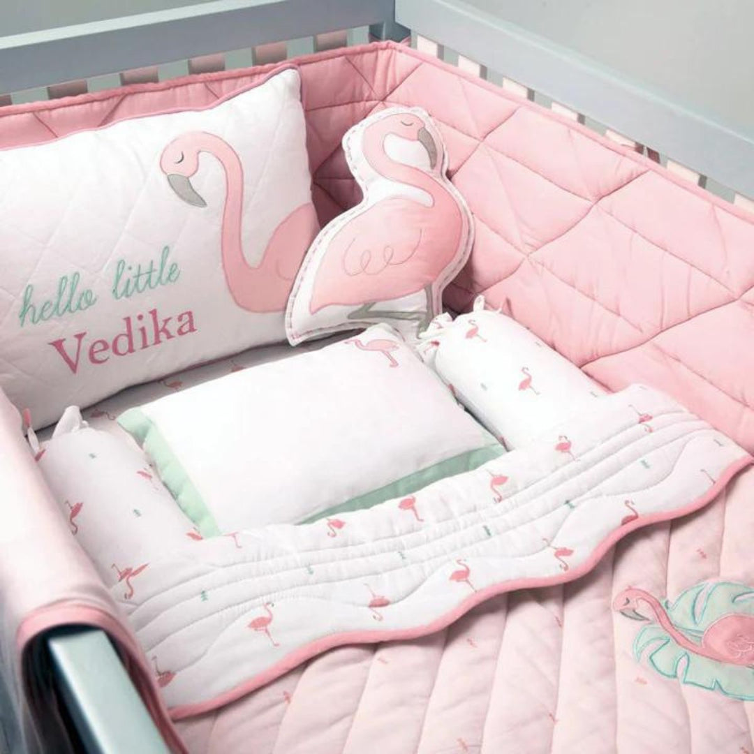 Flamingo Pink Mini Cot Bedding Set For Babies | Nursery Essential | Organic Cotton | Set Of 4