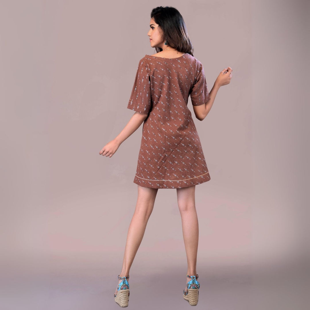 Misty Cowl Cotton Ikat Mini Dress | Hand-Embroidered | Peppy | Sassy Brown