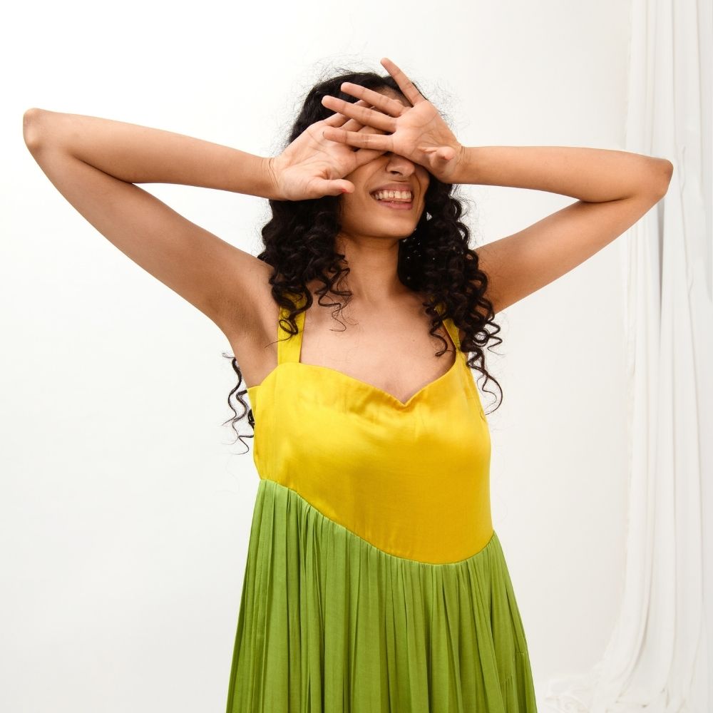 Yellow-Green Asymmetrical Gather Colour Block Dress | Crafted in Modal