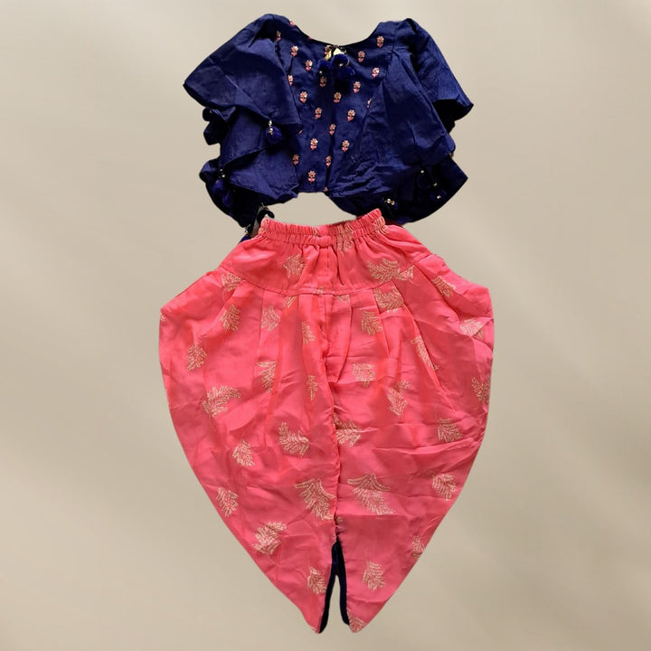 Girls Crop Top & Dhoti Pant Set | Navy Blue & Pink | 3-4 Years