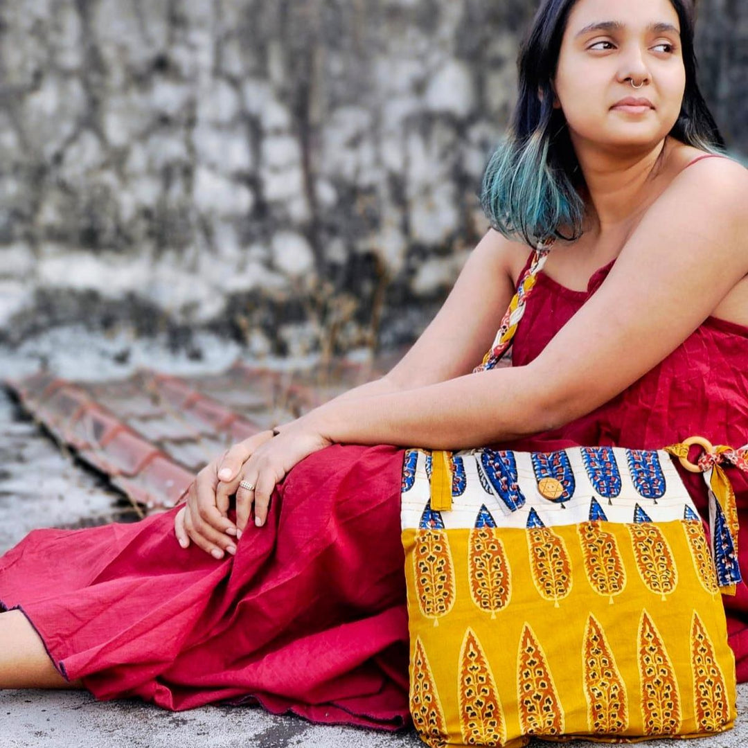 Braided Sling Bag | Ethnic | Cotton | Artisanal | Sustainable | Yellow & Off-White