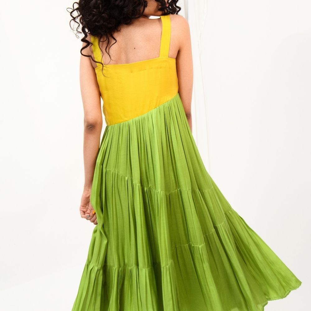 Yellow-Green Asymmetrical Gather Colour Block Dress | Crafted in Modal