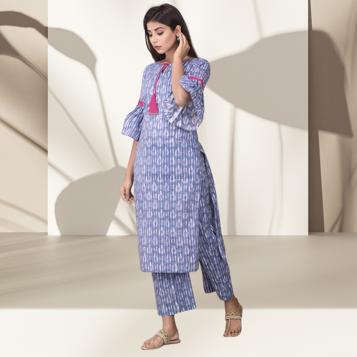 Bluebell Floral Kurta Set | Hand Block Printed | Festivities | Blue And Pink