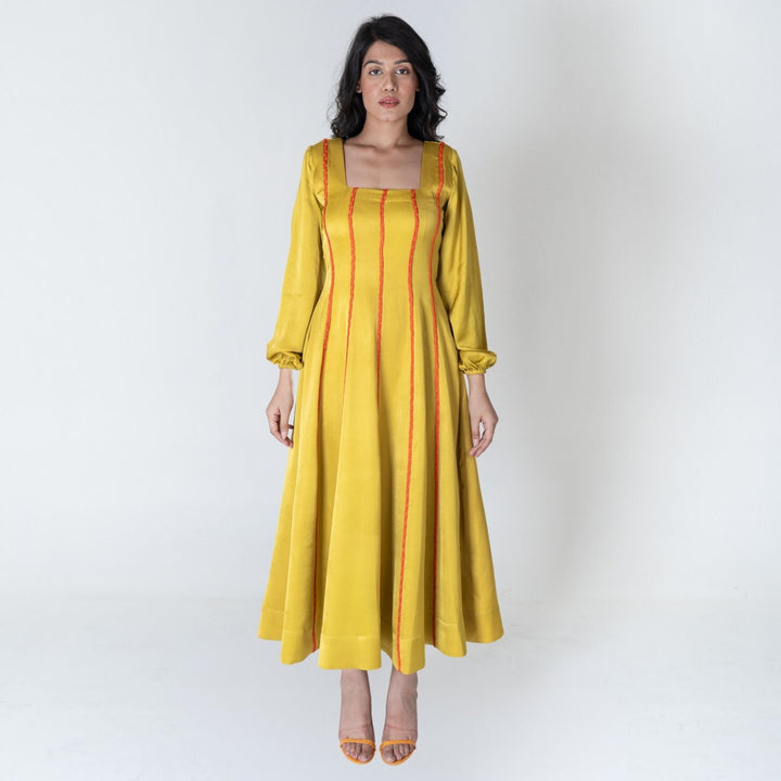 Yellow Maxi Dress | Orange Braid Embellished | Modal Silk | Statement Style