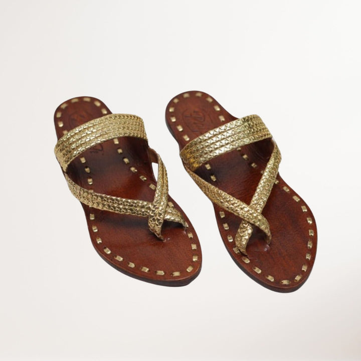 Gold Gandhi Kolhapuri Flats for Women | Hand Crafted And Hand Made By Artisans