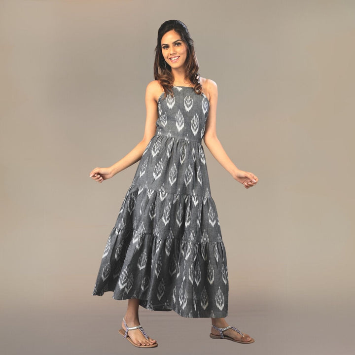 Madeline Ikat Cotton Tier Dress | Hand-Crafted | Comfortable Day Dress | Grey