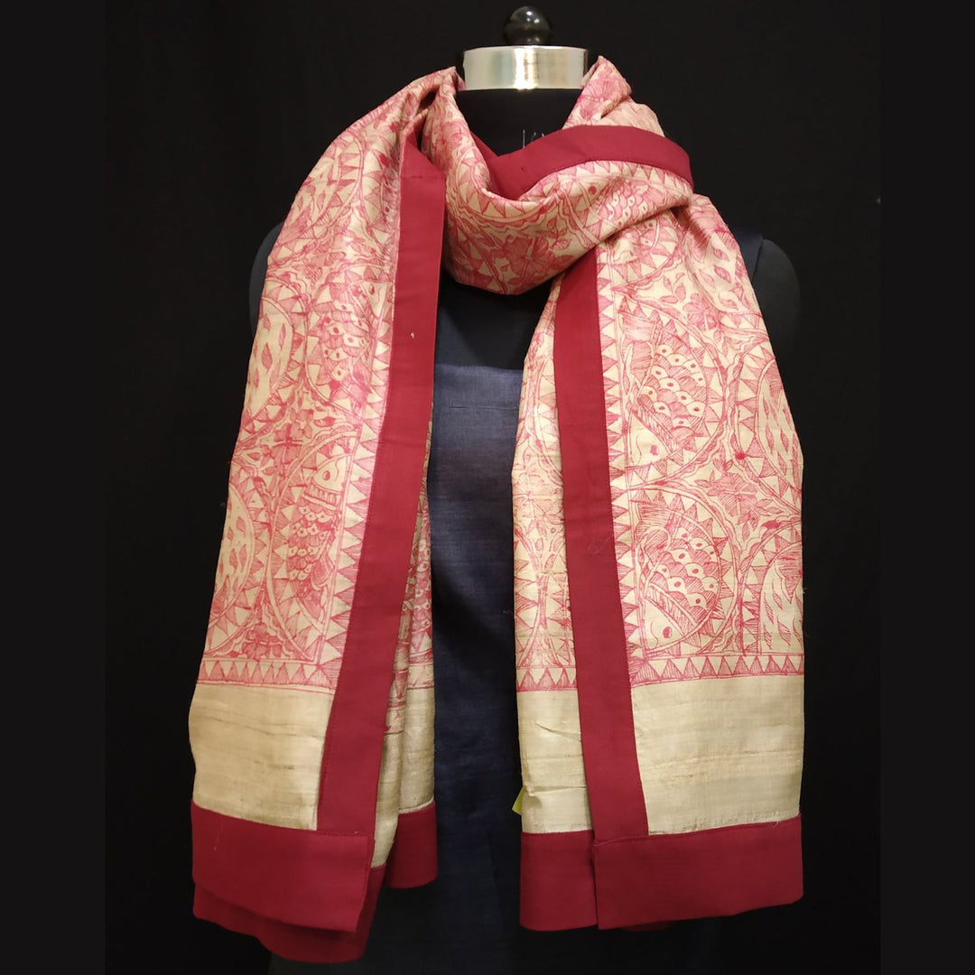 Aaoka Madhubani Painted Tussar Dupatta | Graceful | Artistic | Red & Beige