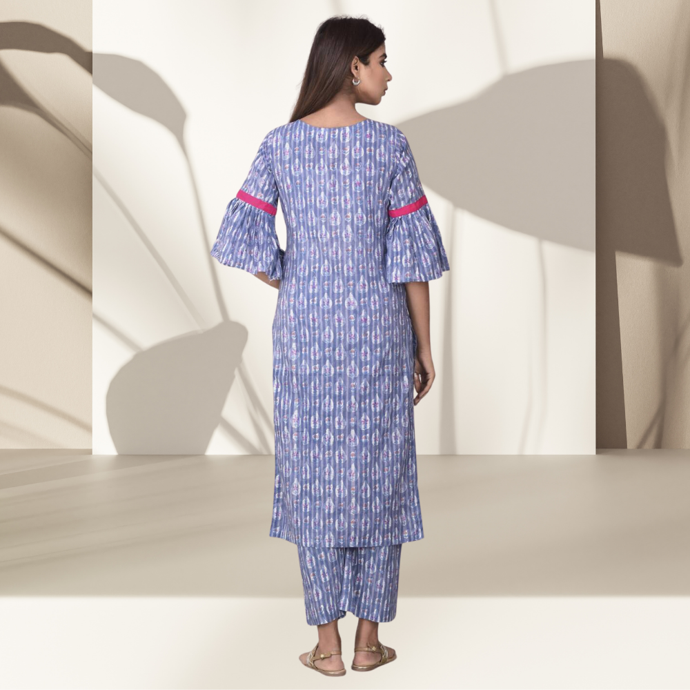 Bluebell Floral Kurta Set | Hand Block Printed | Festivities | Blue And Pink