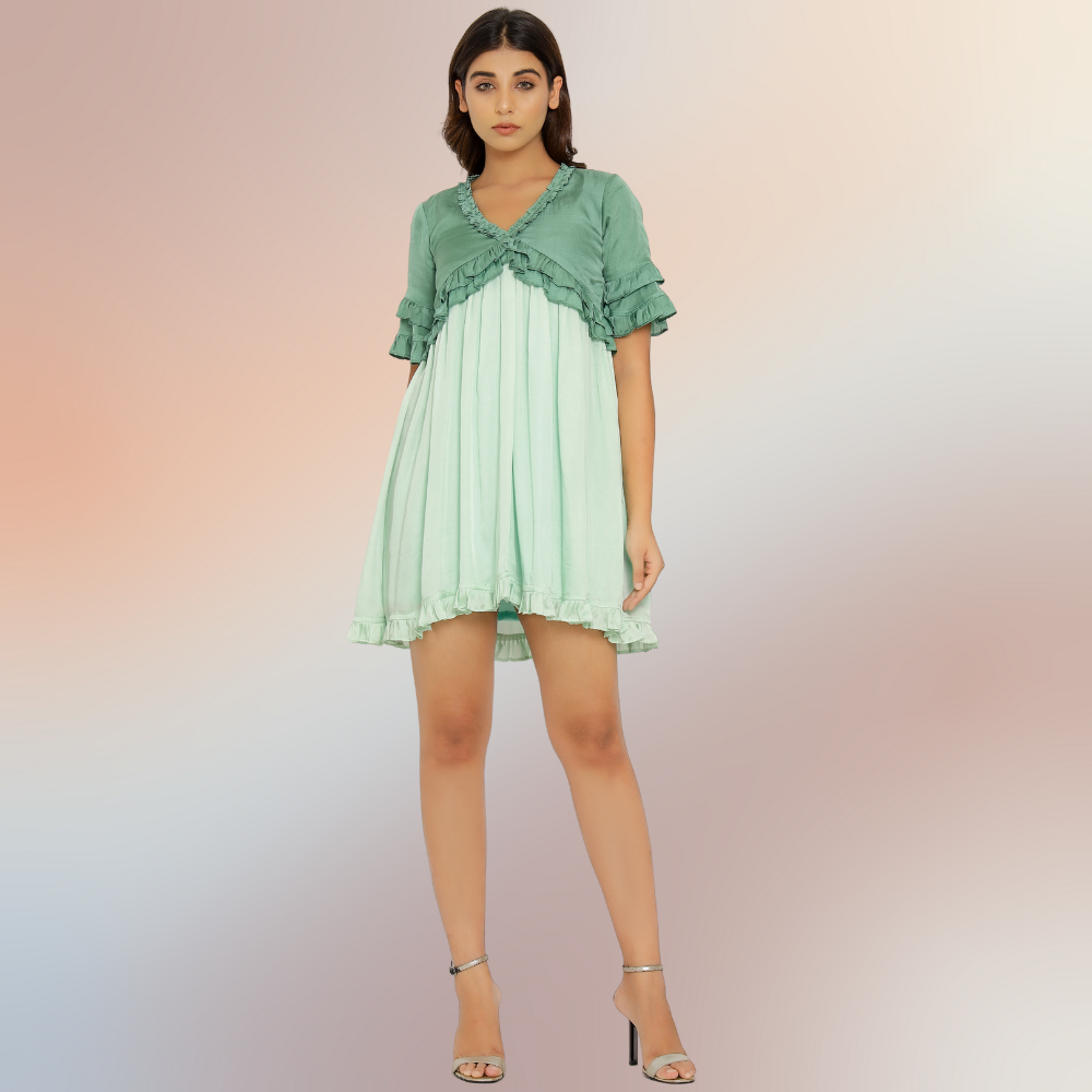 Frilled Teal-Tea Green Colour Blocked Mini Dress | Modal Silk